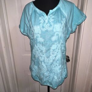 Women's size small shirt, Aqua Embroidered Top, blouse ruff hewn